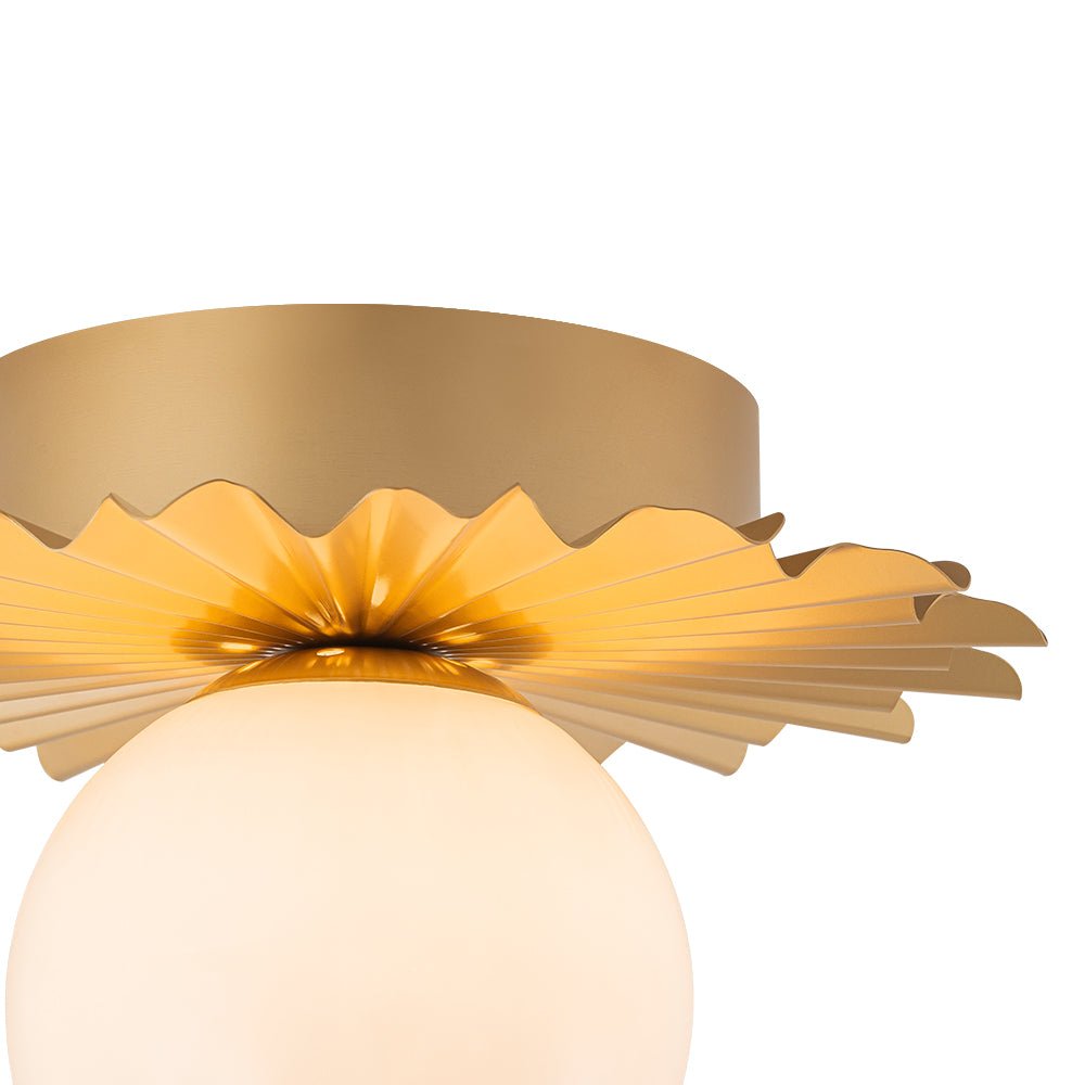 Pendantlightie - Mid - Century 1 - Light Flower Pleated Single Round Glass Flush Mount - Semi Flush Mount - Brass - 
