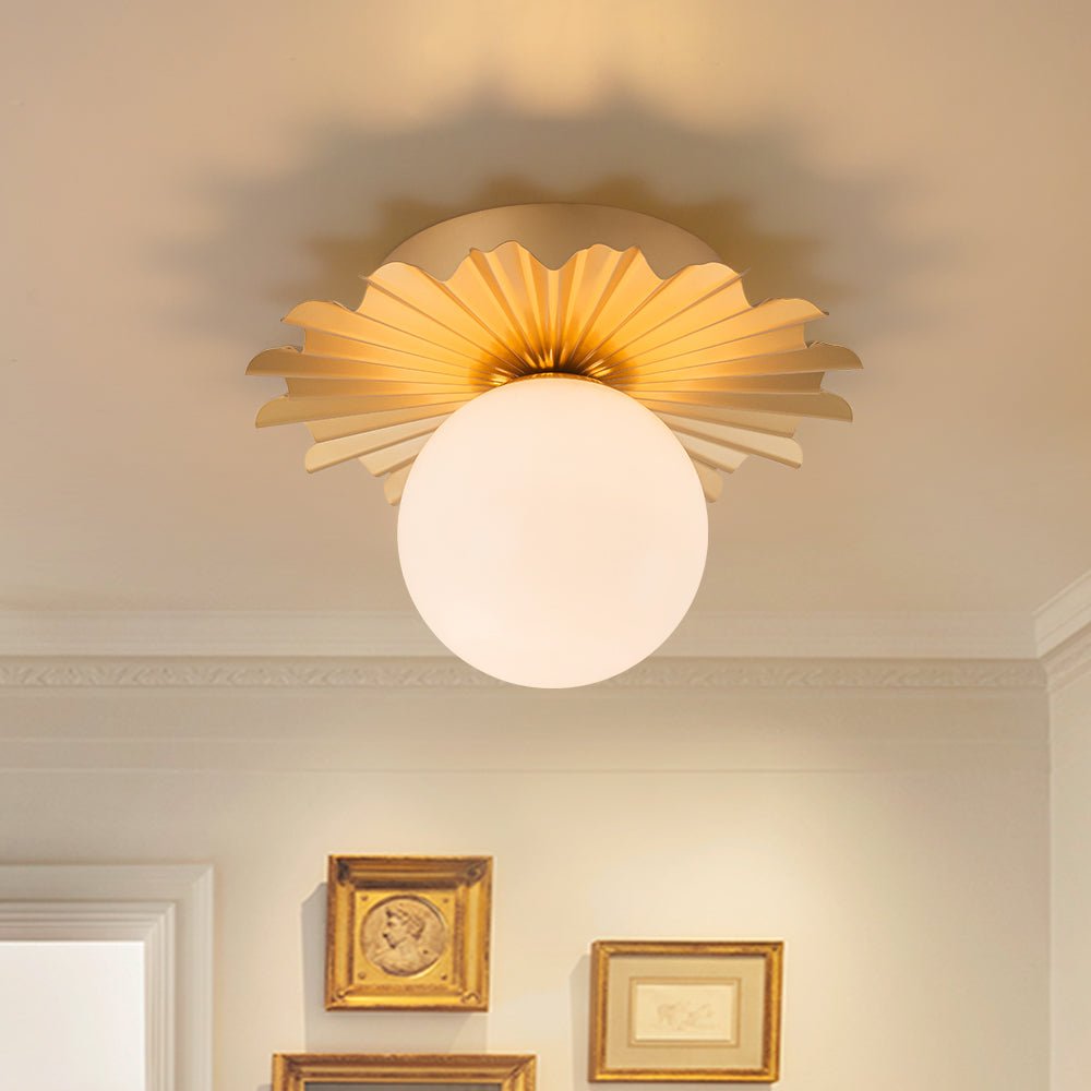 Pendantlightie - Mid - Century 1 - Light Flower Pleated Single Round Glass Flush Mount - Semi Flush Mount - Brass - 