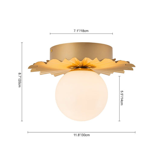 Pendantlightie - Mid - Century 1 - Light Flower Pleated Single Round Glass Flush Mount - Semi Flush Mount - Brass - 