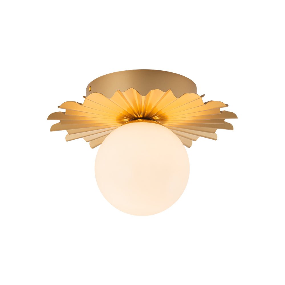 Pendantlightie - Mid - Century 1 - Light Flower Pleated Single Round Glass Flush Mount - Semi Flush Mount - Brass - 