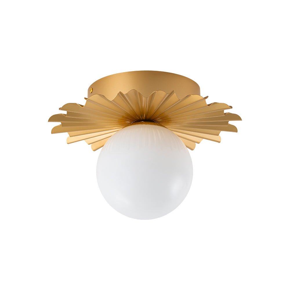 Pendantlightie - Mid - Century 1 - Light Flower Pleated Single Round Glass Flush Mount - Semi Flush Mount - Brass - 