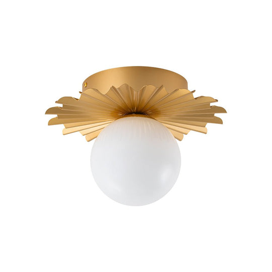 Pendantlightie - Mid - Century 1 - Light Flower Pleated Single Round Glass Flush Mount - Semi Flush Mount - Brass - 