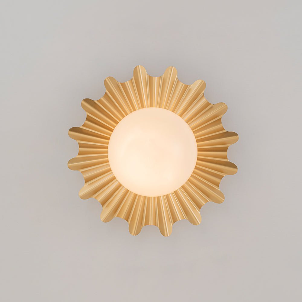 Pendantlightie - Mid - Century 1 - Light Flower Pleated Single Round Glass Flush Mount - Semi Flush Mount - Brass - 