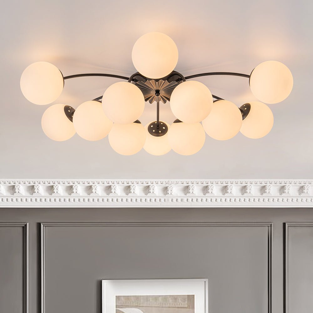 Pendantlightie - Mid - Century 12 - Light Sputnik Opal Glass Globe Semi Flush Ceiling Light - Semi Flush Mount - Black - 