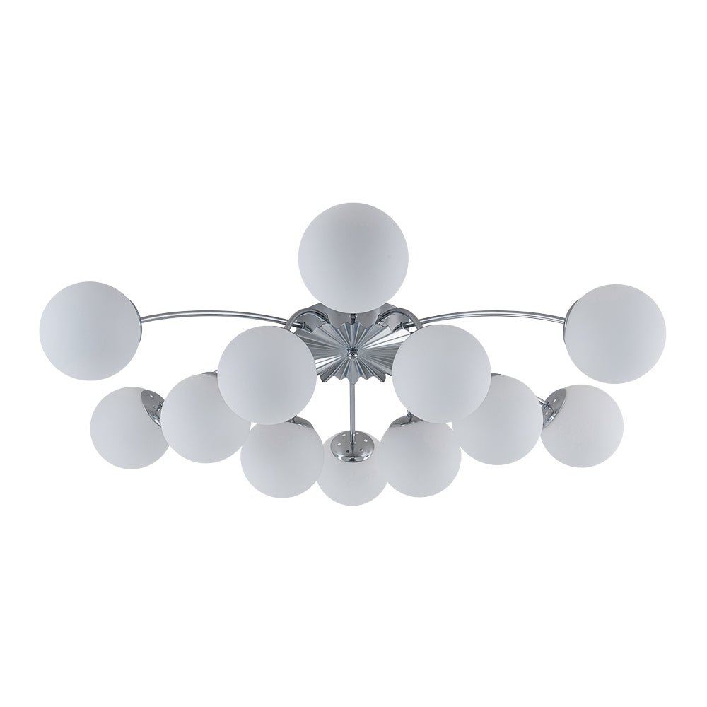 Pendantlightie - Mid - Century 12 - Light Sputnik Opal Glass Globe Semi Flush Ceiling Light - Semi Flush Mount - Chrome - 