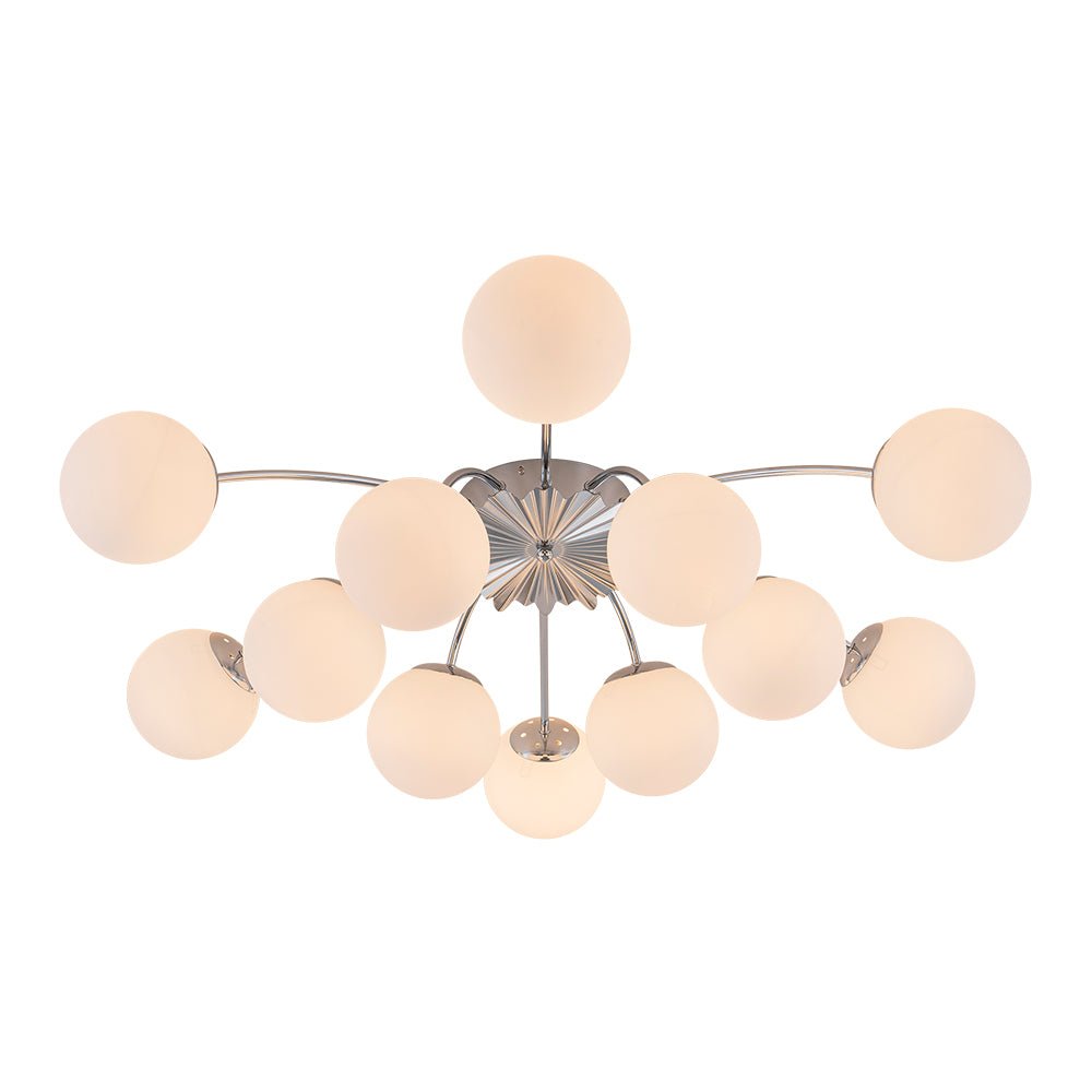 Pendantlightie - Mid - Century 12 - Light Sputnik Opal Glass Globe Semi Flush Ceiling Light - Semi Flush Mount - Chrome - 