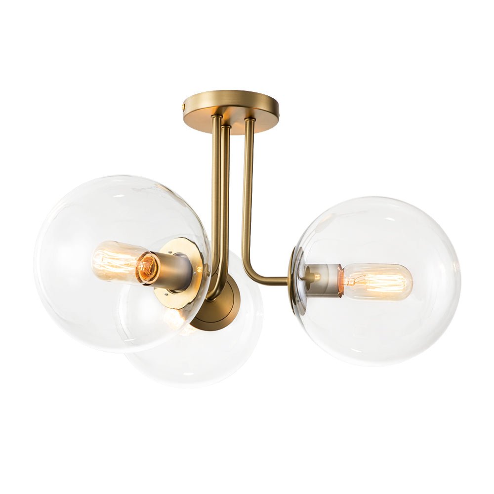 Pendantlightie - Mid - Century 3 - Light Clear Globe Sputnik Glass Semi Flush Mount - Semi Flush Mount - Brass - 