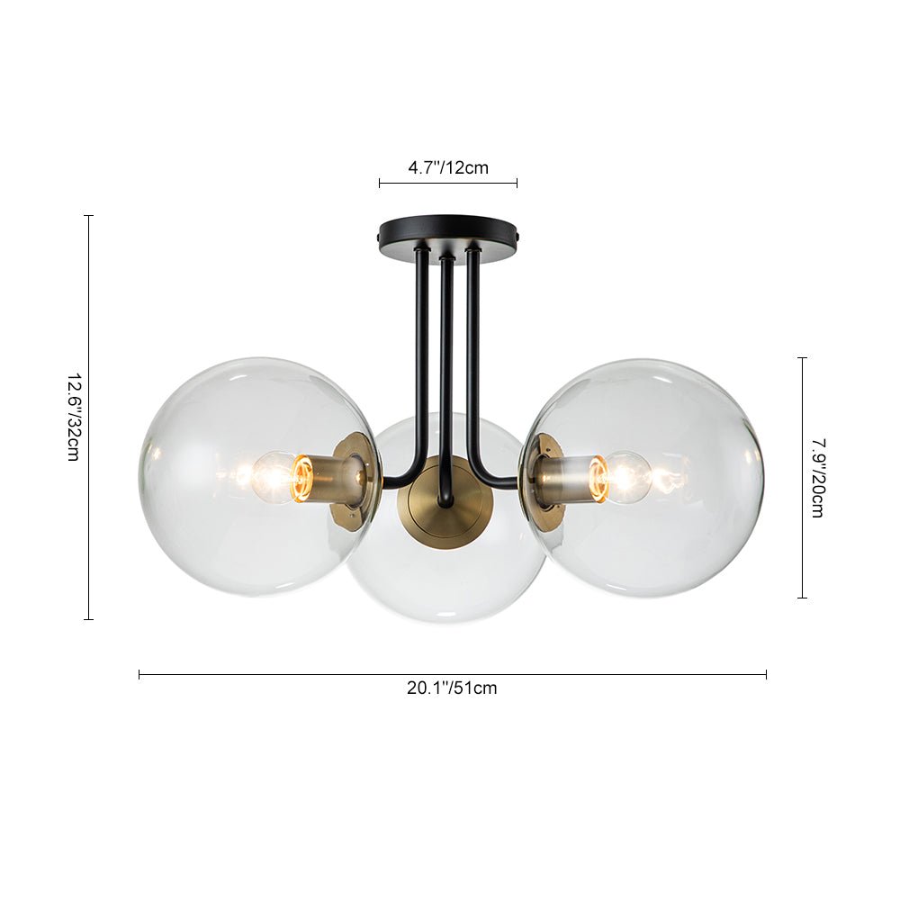 Pendantlightie - Mid - Century 3 - Light Clear Globe Sputnik Glass Semi Flush Mount - Semi Flush Mount - Brass - 