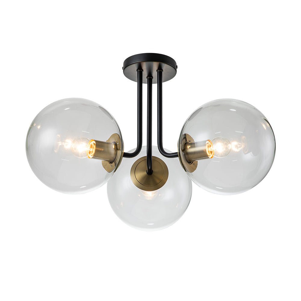 Pendantlightie - Mid - Century 3 - Light Clear Globe Sputnik Glass Semi Flush Mount - Semi Flush Mount - Brass - 