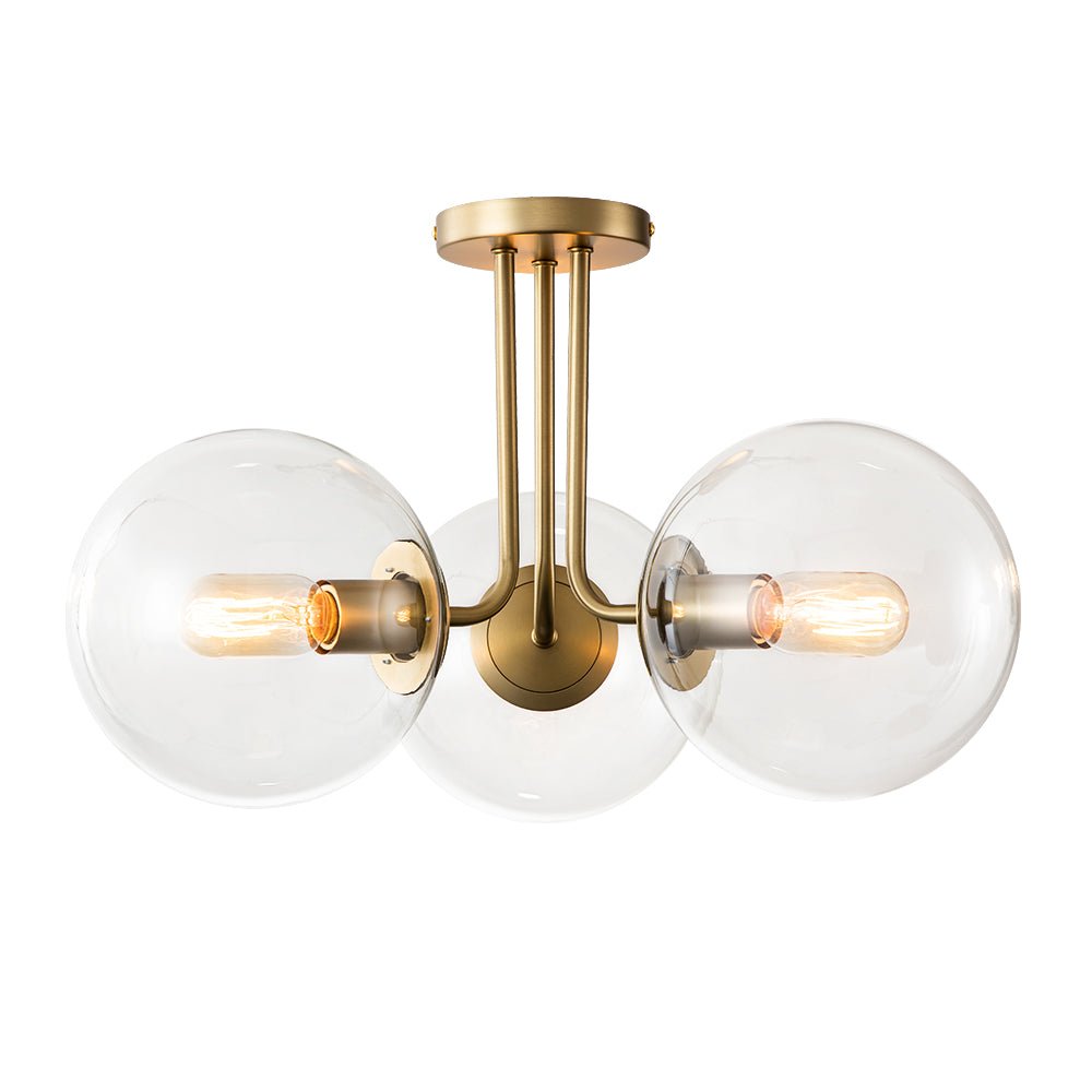 Pendantlightie - Mid - Century 3 - Light Clear Globe Sputnik Glass Semi Flush Mount - Semi Flush Mount - Brass - 