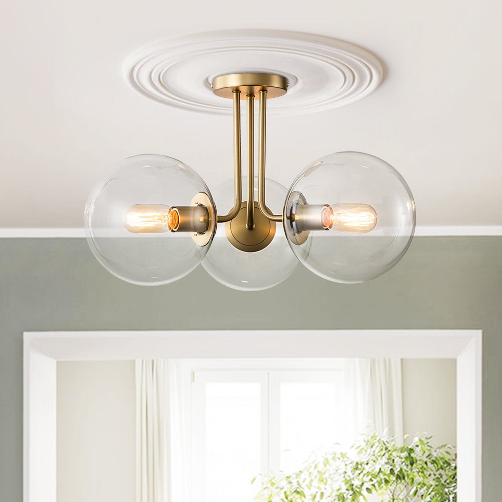 Pendantlightie - Mid - Century 3 - Light Clear Globe Sputnik Glass Semi Flush Mount - Semi Flush Mount - Brass - 