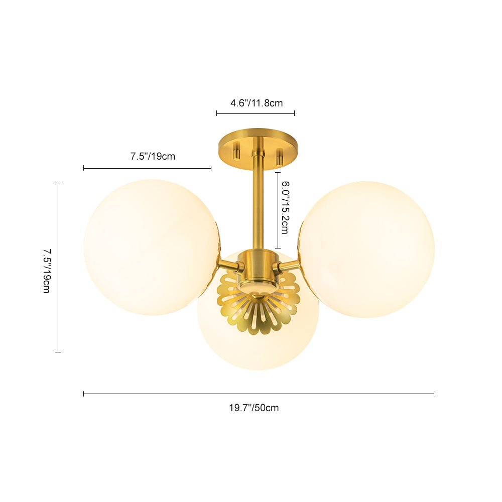 Pendantlightie - Mid - Century 3 - Light Sputnik Glass Globe Semi Ceiling Light - Semi Flush Mount - Brass - 