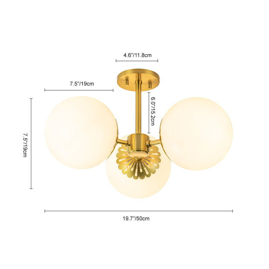 Pendantlightie - Mid - Century 3 - Light Sputnik Glass Globe Semi Ceiling Light - Semi Flush Mount - Brass - 