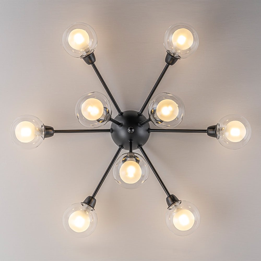 Pendantlightie - Mid - Century 9 - Light Double Layer Glass Sputnik Semi Ceiling Light - Semi Flush Mount - Black - 