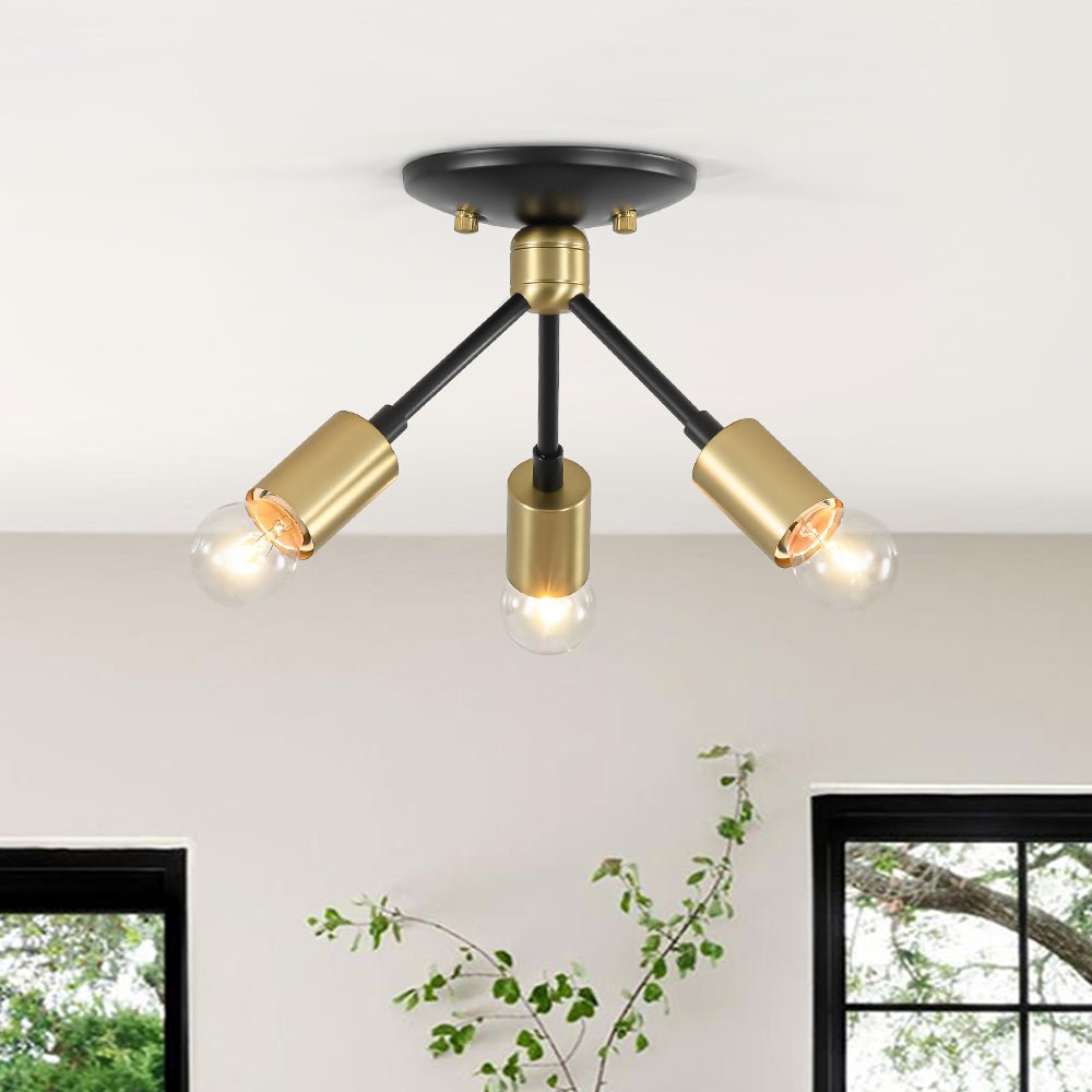 Pendantlightie - Mid - Century Modern 3 - Light Semi Flush Sputnik Light - Semi Flush Mount - Black+Gold - 