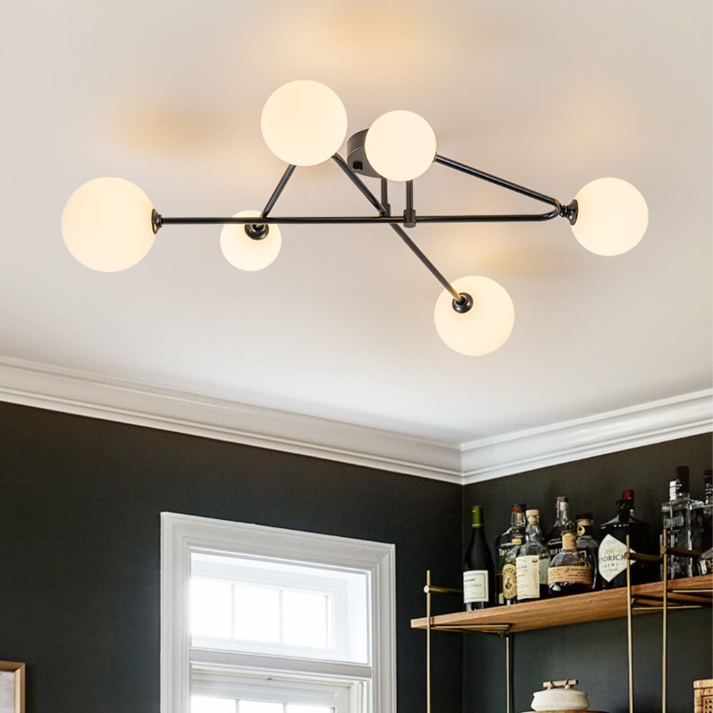 Pendantlightie - Mid - Century Sputnik 6 - Light Glass Globe Linear Semi Flush Mount - Semi Flush Mount - Black - 