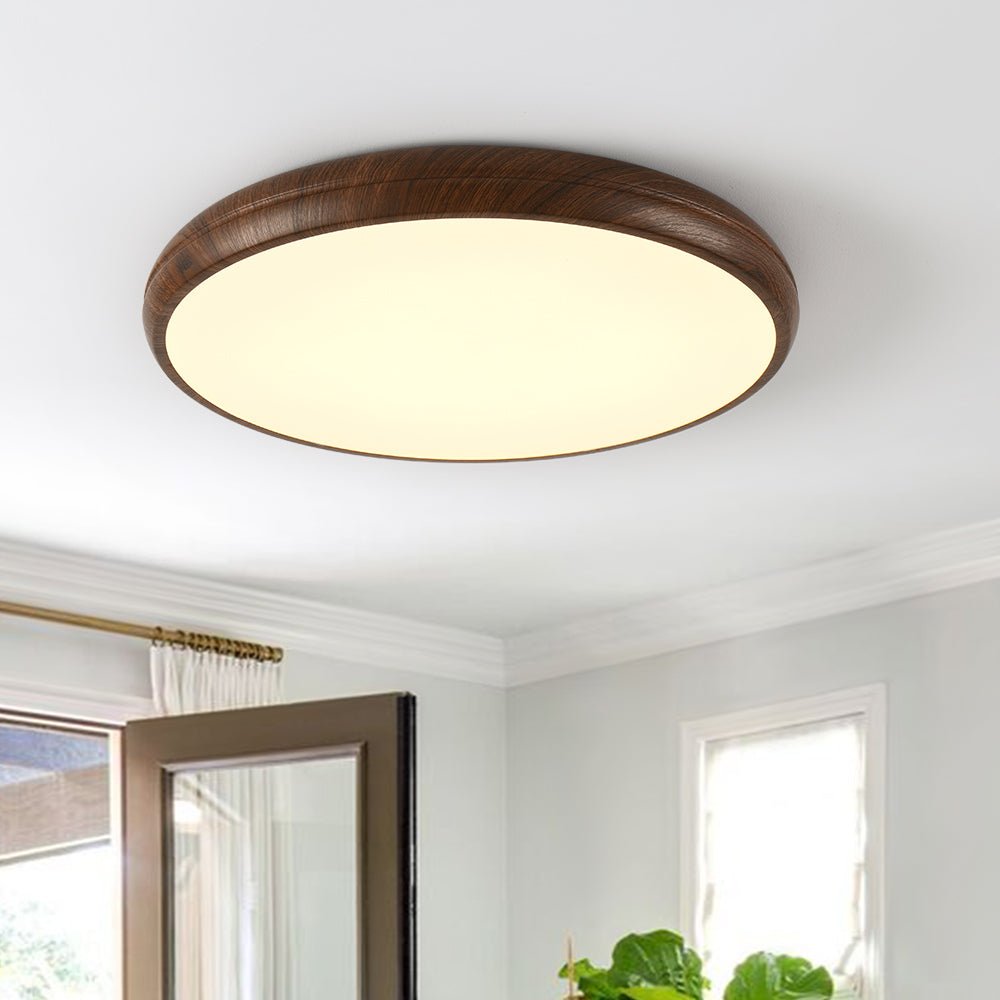 Pendantlightie-Minimalist Wood Grain Round Led Ceiling Light-Flush Mount-Warm White Light-Walnut Grain