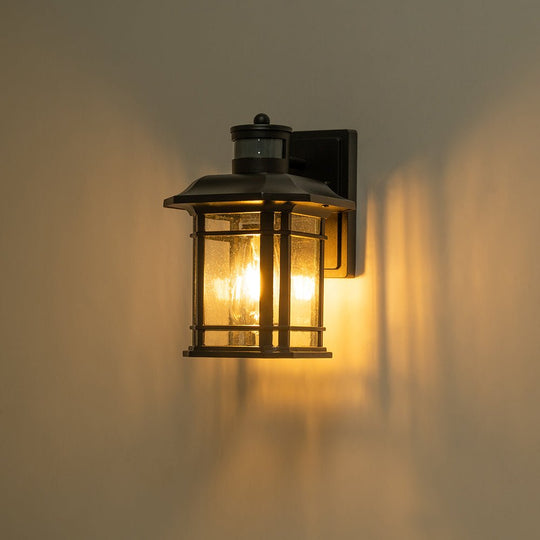 Pendantlightie - Modern 1 - Light Seeded Glass Outdoor Waterproof Wall Lantern Sconce - Outdoor Wall Light - Black - 