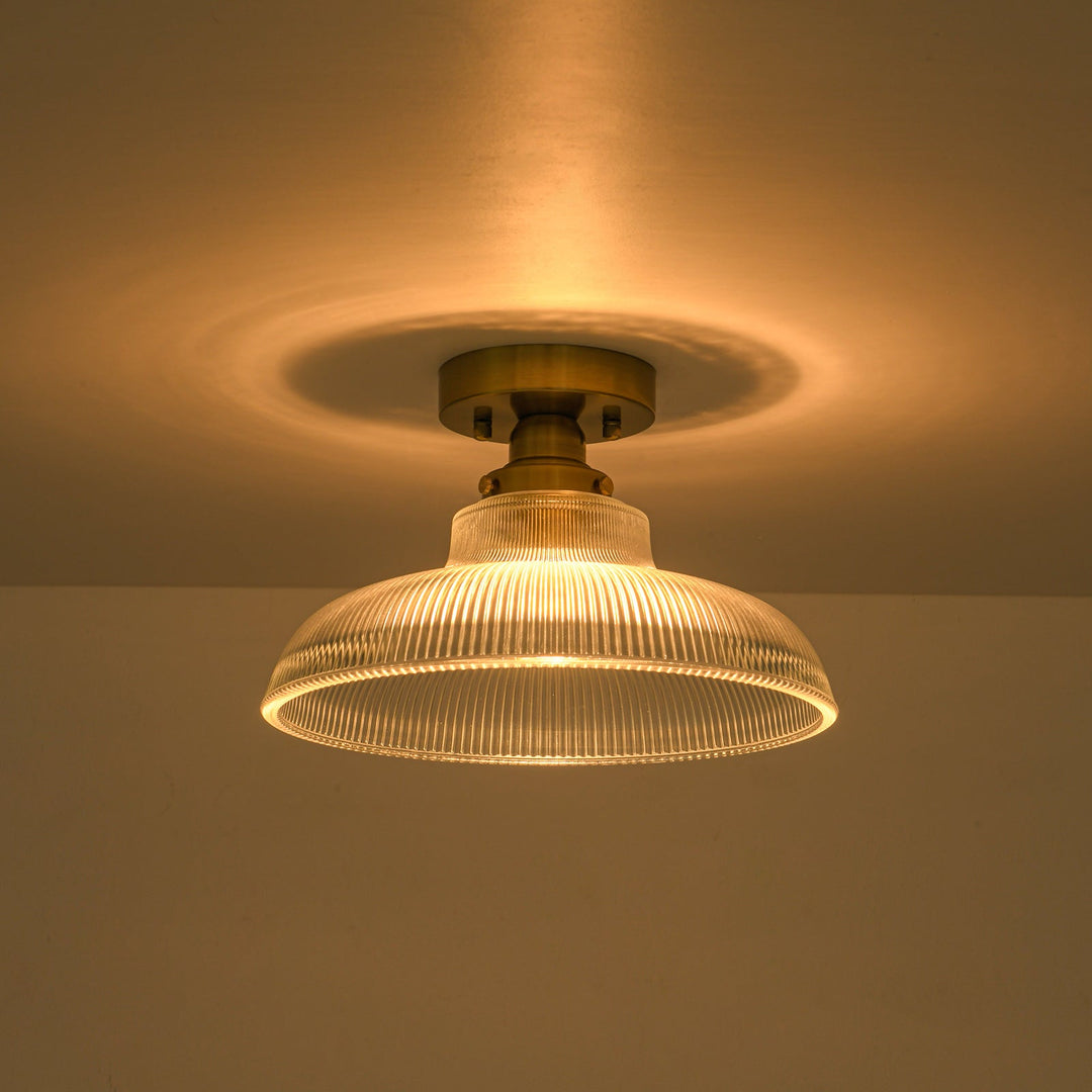 Pendantlightie-Modern 1-Light Wide Edge Ribbed Dome Shape Glass Semi Ceiling Light-Semi Flush Mount-Brass-Clear