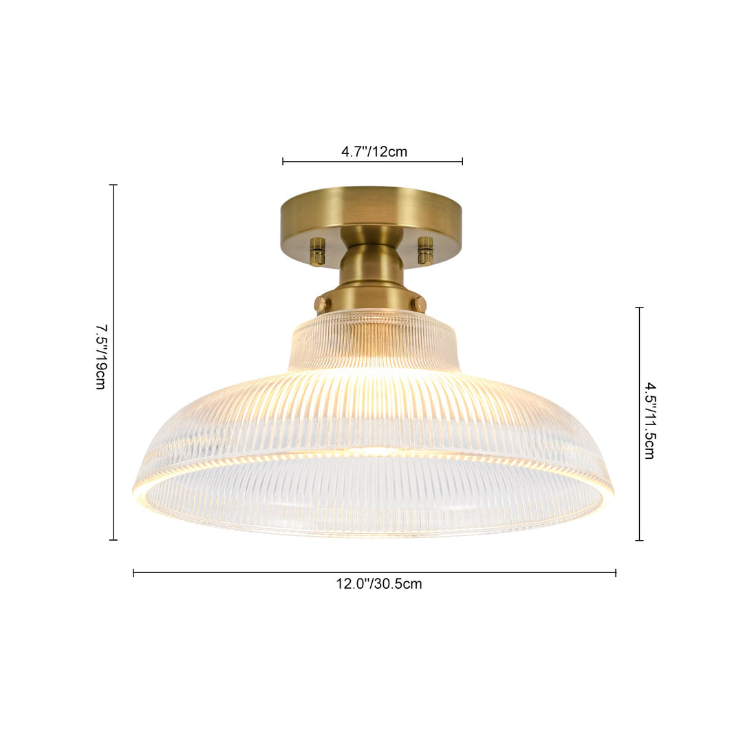 Pendantlightie-Modern 1-Light Wide Edge Ribbed Dome Shape Glass Semi Ceiling Light-Semi Flush Mount-Brass-Clear