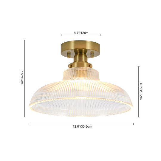 Pendantlightie-Modern 1-Light Wide Edge Ribbed Dome Shape Glass Semi Ceiling Light-Semi Flush Mount-Brass-Clear