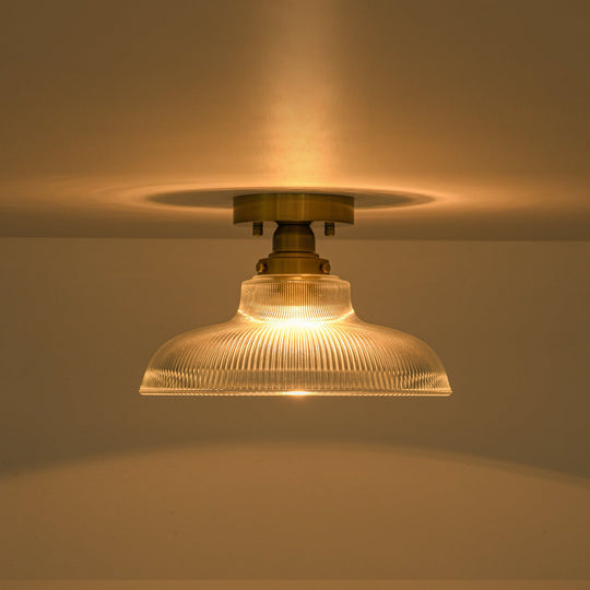 Pendantlightie-Modern 1-Light Wide Edge Ribbed Dome Shape Glass Semi Ceiling Light-Semi Flush Mount-Brass-Clear