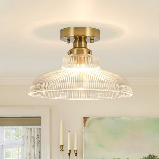 Pendantlightie-Modern 1-Light Wide Edge Ribbed Dome Shape Glass Semi Ceiling Light-Semi Flush Mount-Brass-Clear