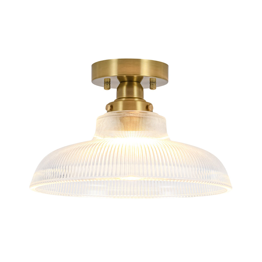 Pendantlightie-Modern 1-Light Wide Edge Ribbed Dome Shape Glass Semi Ceiling Light-Semi Flush Mount-Brass-Clear