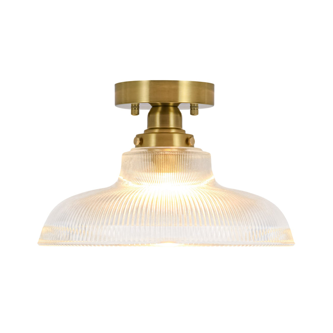 Pendantlightie-Modern 1-Light Wide Edge Ribbed Dome Shape Glass Semi Ceiling Light-Semi Flush Mount-Brass-Clear