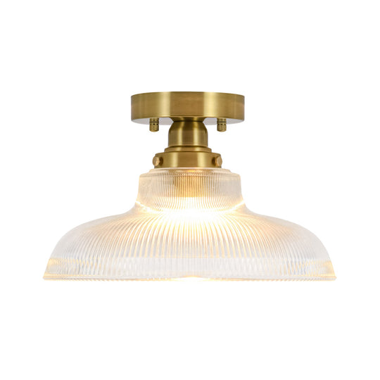 Pendantlightie-Modern 1-Light Wide Edge Ribbed Dome Shape Glass Semi Ceiling Light-Semi Flush Mount-Brass-Clear
