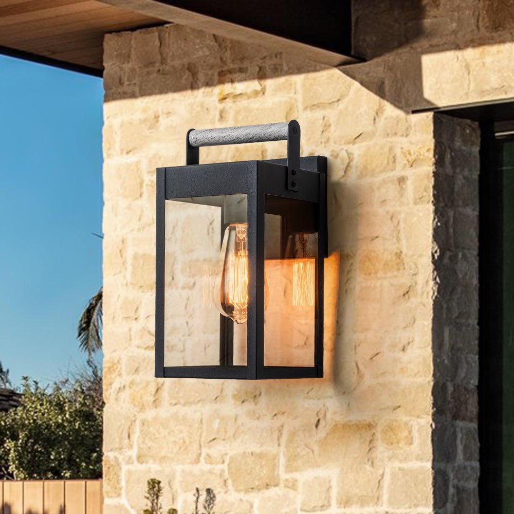 Pendantlightie - Modern 1 - Light Wood Grain Clear Glass Rectangular Outdoor Wall Light - Outdoor Wall Light - Black - 