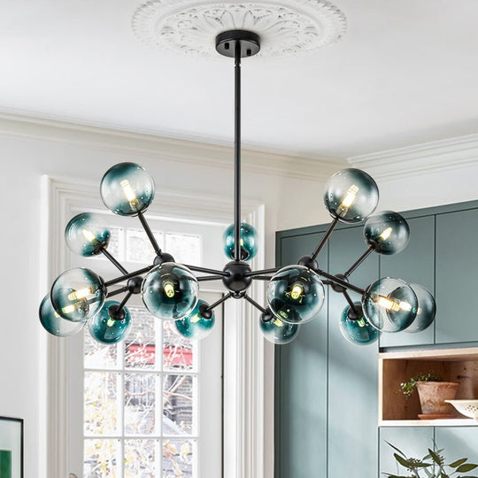 Pendantlightie - Modern 15 - Light Gradient Blue Sputnik Linear Glass Globe Chandelier - Chandeliers - Black - 