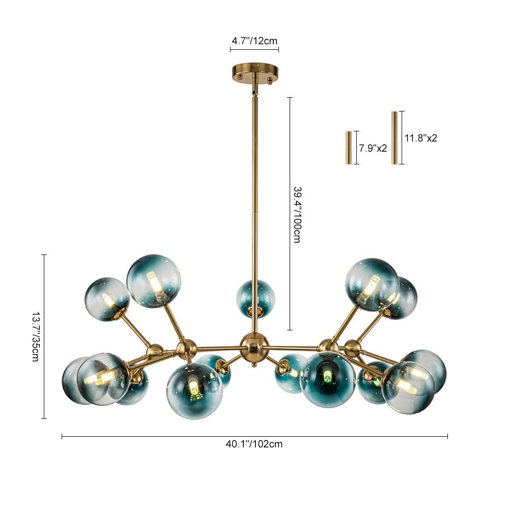 Pendantlightie - Modern 15 - Light Gradient Blue Sputnik Linear Glass Globe Chandelier - Chandeliers - Brass - 