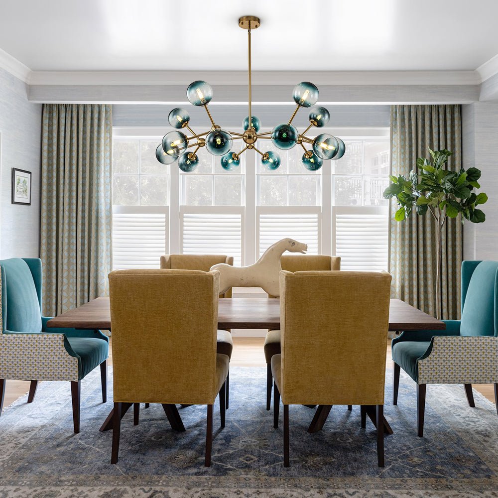 Pendantlightie - Modern 15 - Light Gradient Blue Sputnik Linear Glass Globe Chandelier - Chandeliers - Brass - 