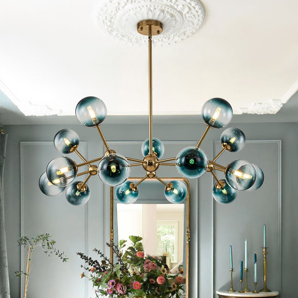 Pendantlightie - Modern 15 - Light Gradient Blue Sputnik Linear Glass Globe Chandelier - Chandeliers - Brass - 