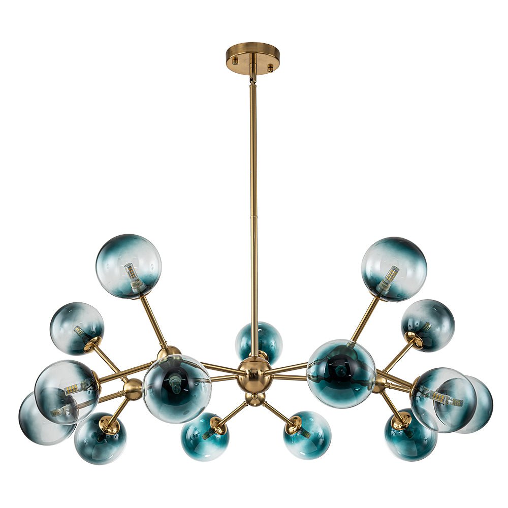 Pendantlightie - Modern 15 - Light Gradient Blue Sputnik Linear Glass Globe Chandelier - Chandeliers - Brass - 