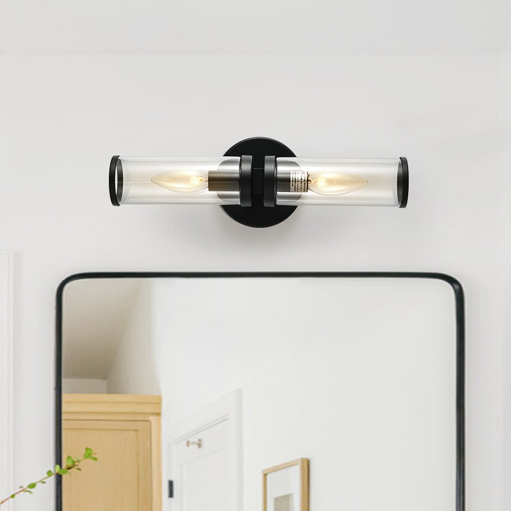 Pendantlightie - Modern 2 - Light Cylinder Bath Bar Vanity Light With Clear Glass Shades - Wall Light - Black - 