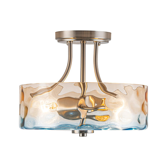 Pendantlightie-Modern 2-Light Duotone Hammered Round Drum Glass Semi Ceiling Light-Semi Flush Mount-Nickel-Amber And Blue