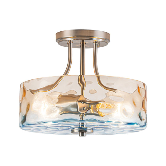 Pendantlightie-Modern 2-Light Duotone Hammered Round Drum Glass Semi Ceiling Light-Semi Flush Mount-Nickel-Amber And Blue