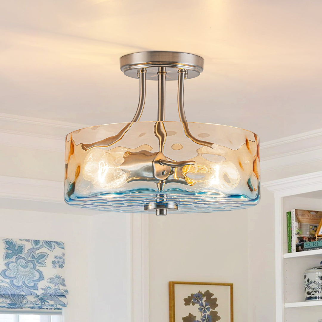 Pendantlightie-Modern 2-Light Duotone Hammered Round Drum Glass Semi Ceiling Light-Semi Flush Mount-Nickel-Amber And Blue