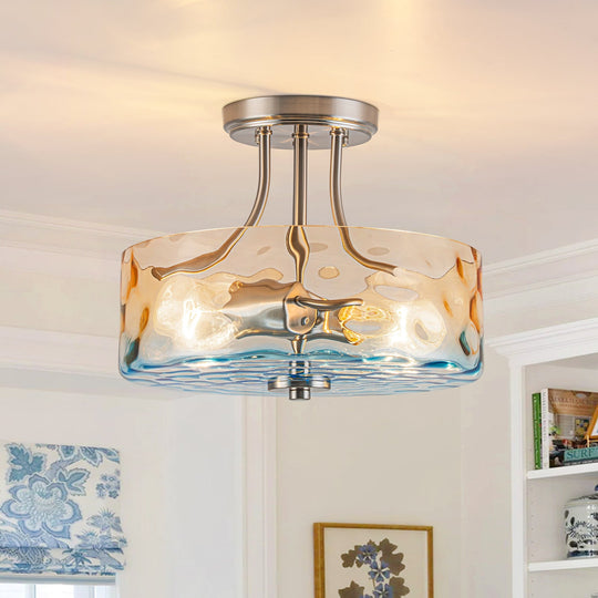 Pendantlightie-Modern 2-Light Duotone Hammered Round Drum Glass Semi Ceiling Light-Semi Flush Mount-Nickel-Amber And Blue