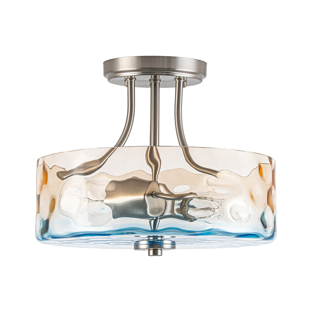 Pendantlightie-Modern 2-Light Duotone Hammered Round Drum Glass Semi Ceiling Light-Semi Flush Mount-Nickel-Amber And Blue