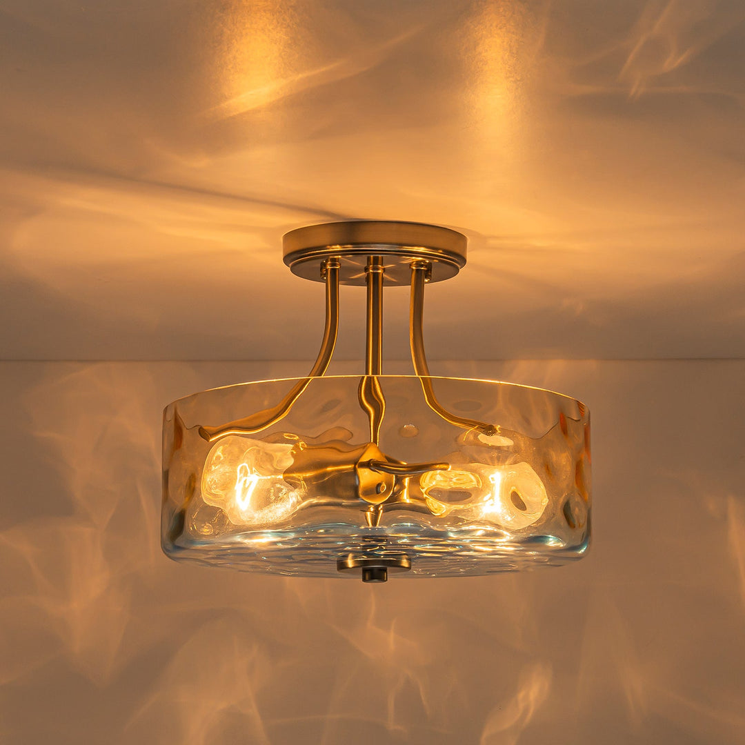 Pendantlightie-Modern 2-Light Duotone Hammered Round Drum Glass Semi Ceiling Light-Semi Flush Mount-Nickel-Amber And Blue