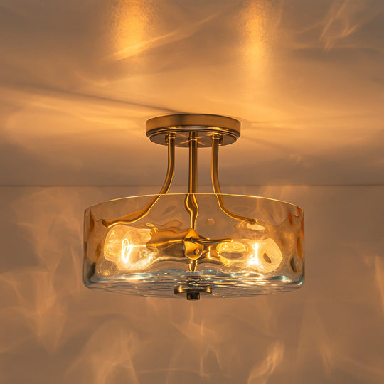 Pendantlightie-Modern 2-Light Duotone Hammered Round Drum Glass Semi Ceiling Light-Semi Flush Mount-Nickel-Amber And Blue