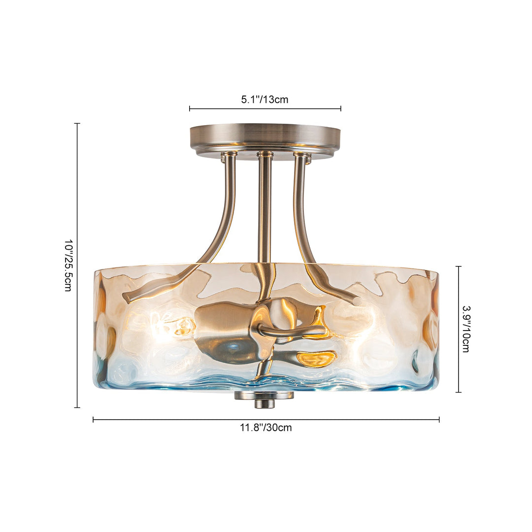 Pendantlightie-Modern 2-Light Duotone Hammered Round Drum Glass Semi Ceiling Light-Semi Flush Mount-Nickel-Amber And Blue