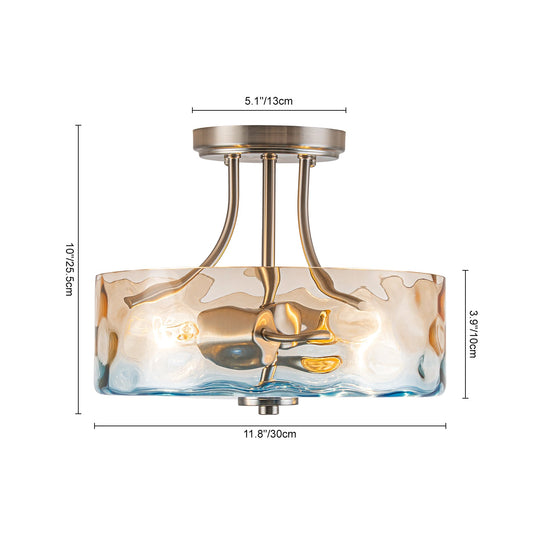Pendantlightie-Modern 2-Light Duotone Hammered Round Drum Glass Semi Ceiling Light-Semi Flush Mount-Nickel-Amber And Blue