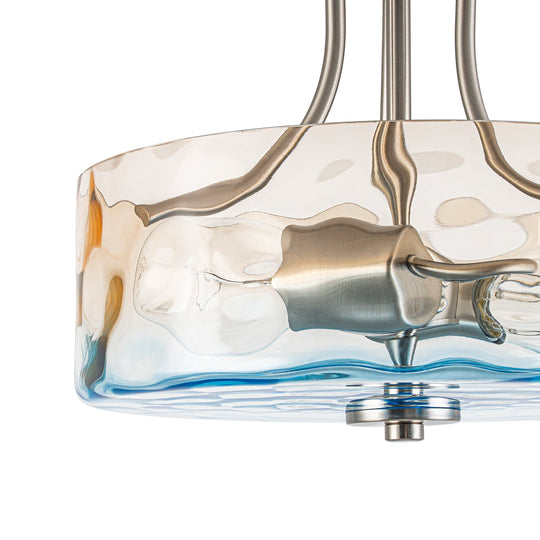 Pendantlightie-Modern 2-Light Duotone Hammered Round Drum Glass Semi Ceiling Light-Semi Flush Mount-Nickel-Amber And Blue