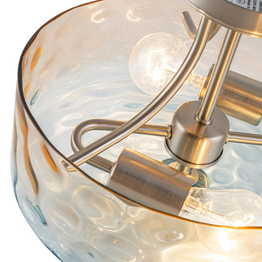 Pendantlightie-Modern 2-Light Duotone Hammered Round Drum Glass Semi Ceiling Light-Semi Flush Mount-Nickel-Amber And Blue