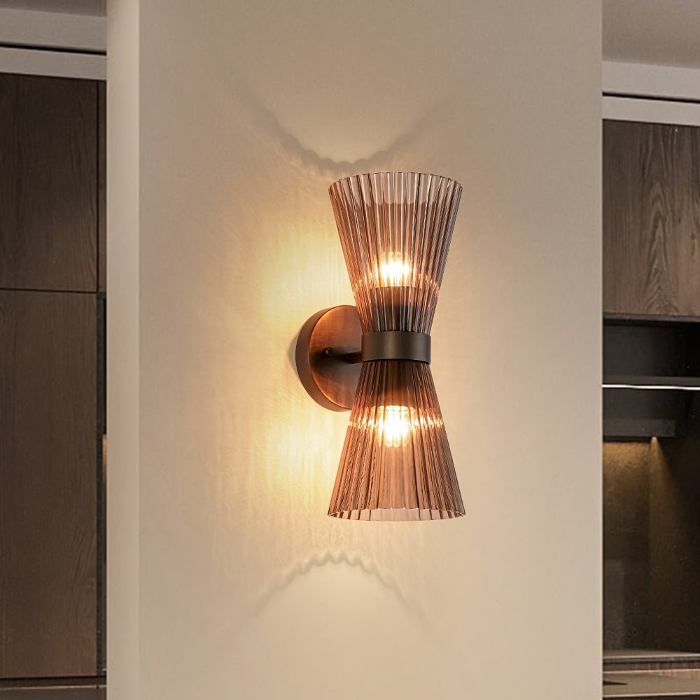 Pendantlightie - Modern 2 - Light Pleated Glass Shade Double Cone Sconce - Wall Light - Brown - 