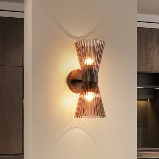 Pendantlightie - Modern 2 - Light Pleated Glass Shade Double Cone Sconce - Wall Light - Brown - 